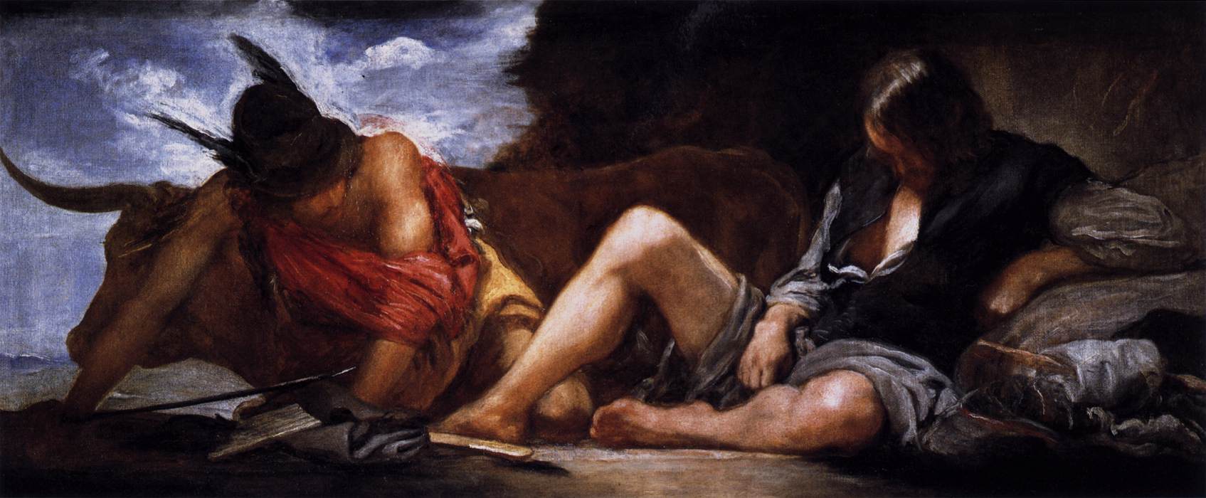 Pintura de Velázquez: Argos dorme sentado enquanto Mercúrio se aproxima sorrateiramente