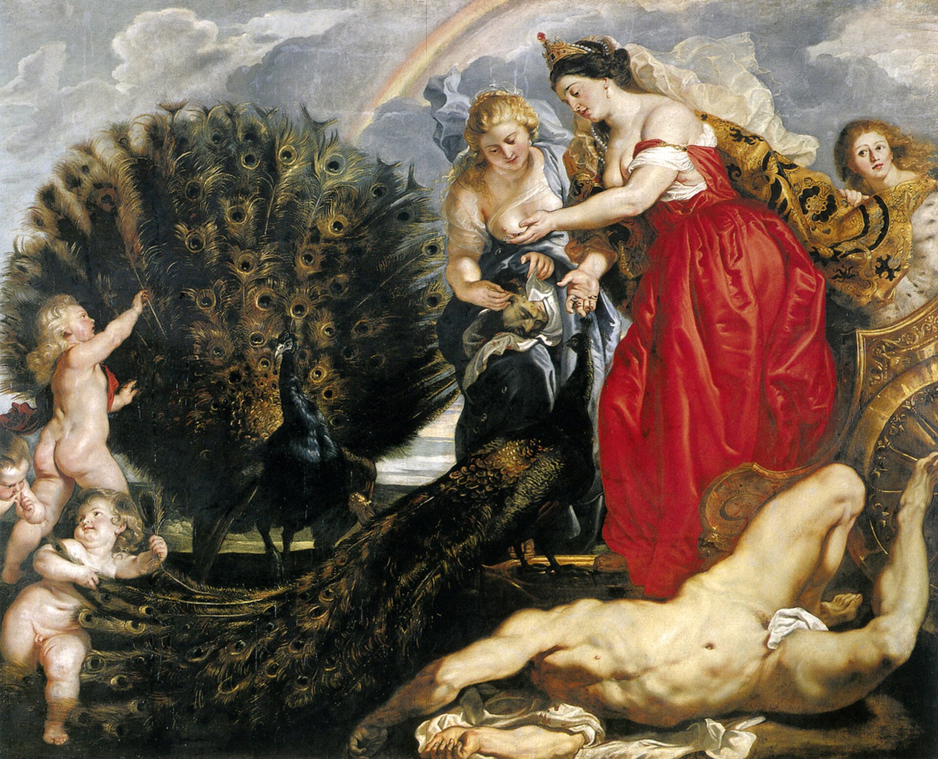 Pintura de Rubens: Juno, cercada de servas, retira os olhos da cabeça de Argos para colocá-los na cauda dos pavões